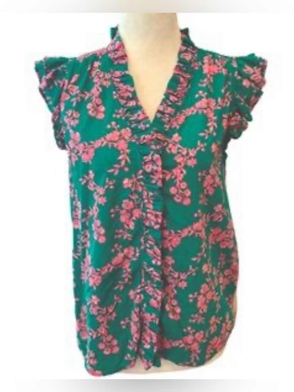 J.Crew Green Pink Floral Ruffle Sleeveless Top - Medium